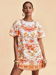 Travachic Women's Fashionable Printed Mini Dress, Suitable For Summer Vacation, Beach Chic Dress, Tropical Print Dress, Casual Going Out Outfits, Christmas Party, Elegant New Year's Eve Outfits - Multicolor - View 1