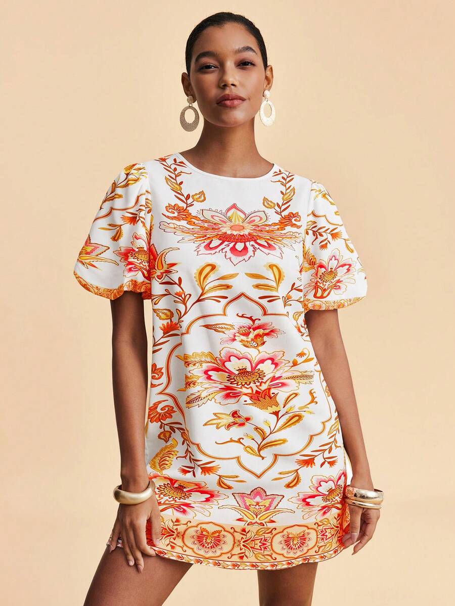 Travachic Women's Fashionable Printed Mini Dress, Suitable For Summer Vacation, Beach Chic Dress, Tropical Print Dress, Casual Going Out Outfits, Christmas Party, Elegant New Year's Eve Outfits - Multicolor - View 1