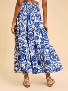 Travachic Women's Boho Blue Random Print Woven Fabric Maxi Skirt With Ruffle Hem And Slit Detail - Blue - View 2