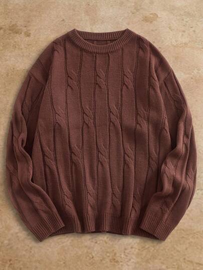 Manfinity NXTstreet Men's Cable Knit Striped Crew Neck Sweater, Layering Or Outerwear, New Autumn/Winter Knitwear Men Knit Sweater Brown Sweater Knit Jersey Pullover Sweater