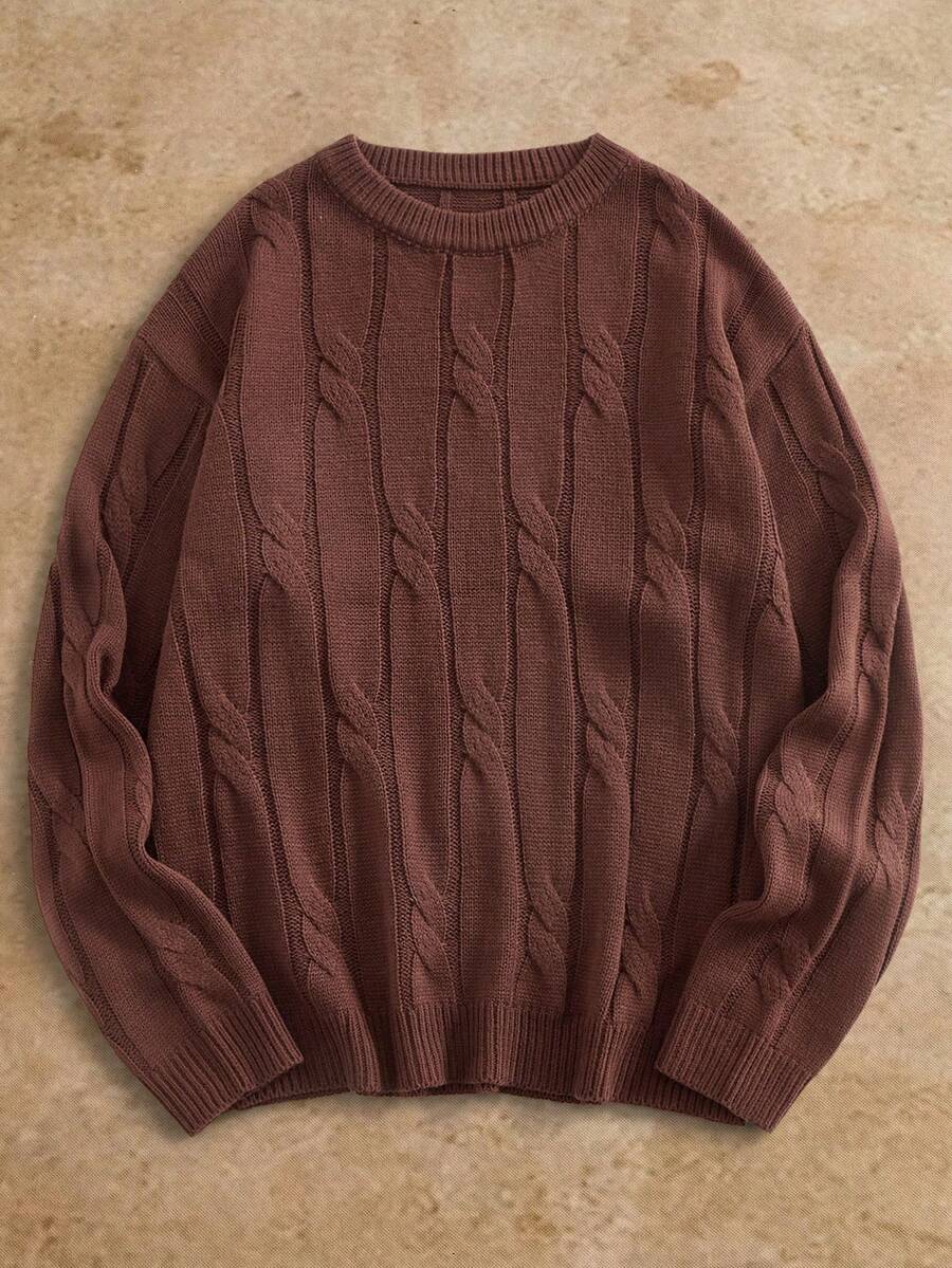 Manfinity NXTstreet Men's Cable Knit Striped Crew Neck Sweater, Layering Or Outerwear, New Autumn/Winter Knitwear Men Knit Sweater Brown Sweater Knit Jersey Pullover Sweater - Multicolor - View 1