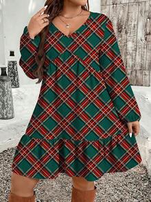 EMERY ROSE Váy kẻ caro cổ chữ V viền bèo nhún màu sắc thu cỡ lớn - màu xanh lá - Xem 3