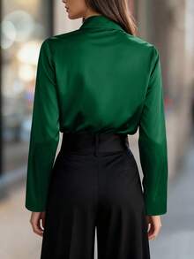 Balvessa 女士酒红色缎面衬衫，高品质上衣，春秋季 - 墨綠色 - 查看 2