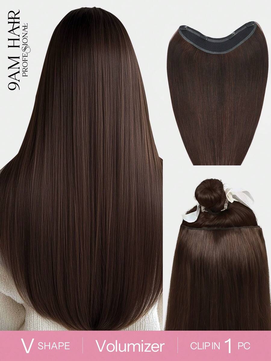 V型夹式接发，100%真人发，1片装，含4个夹子，深棕色直发，适合女性，易于用卷发棒和直发器造型，隐形设计，适合增加发量，轻盈舒适，可全天佩戴。