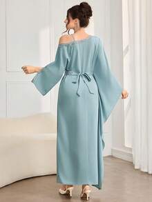 Al Najma 女士优雅拼接缎带肩部阿拉伯风格连衣裙，秋季 - 綠色 - 查看 2