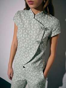 Nöista Geometric Short-Sleeve Top And Wide-Leg Pants Set With Detailed Chinese Buttons.Coordinated Two Pieces Perfect For Summer Outfits Spring Break - Mint Green - View 9