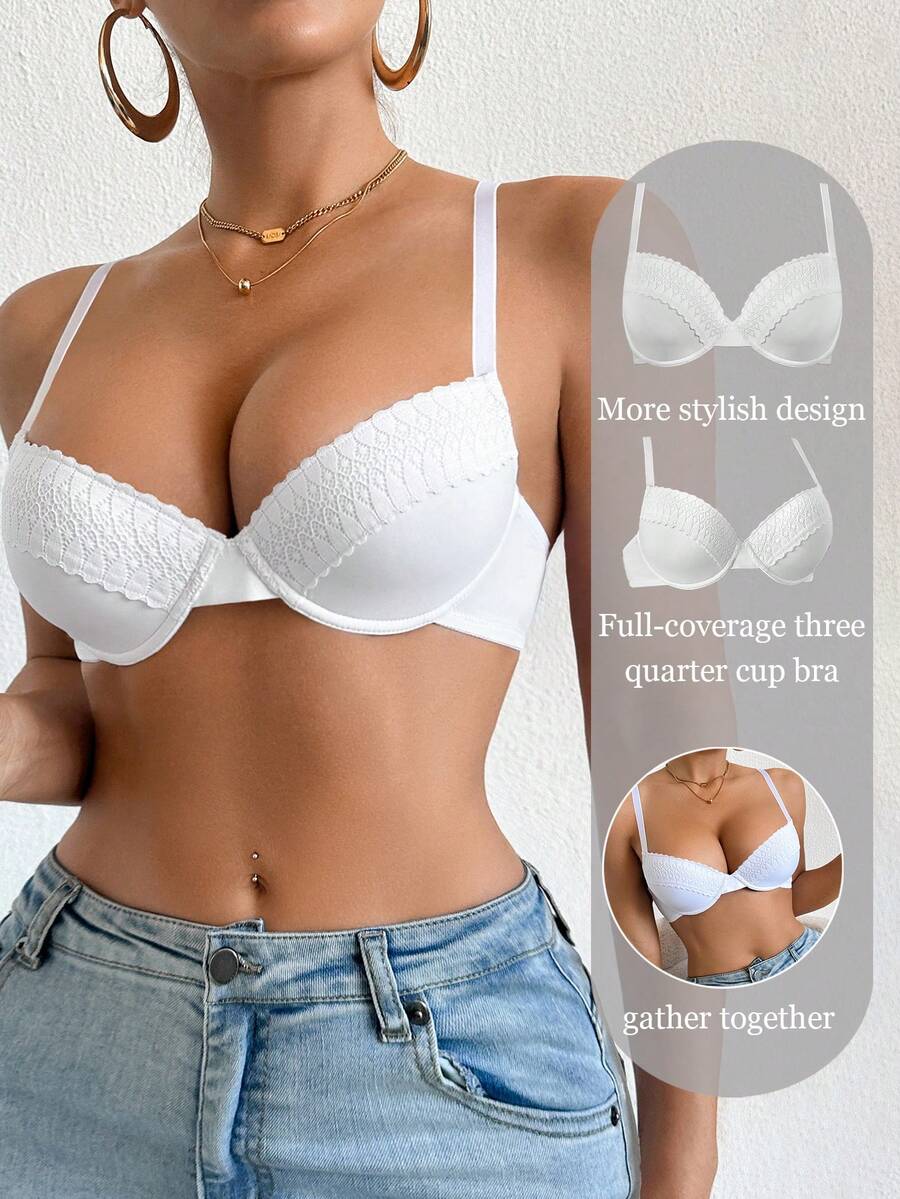 DesireSculpt 1pc Women's Solid Color Lace Patchwork Bra - White - View 1