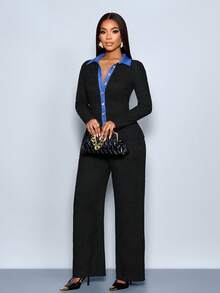 SOLERSUN Women's Two Pieces Suit Elegant Black Autumn Long-Sleeved Shirt Jacket And Pants Set,Smart Office Commuter Knitted Textured Contrast Denim Outfit - Black - View 6