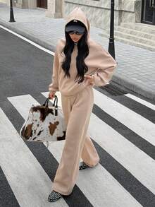 SHEIN EZwear 2 Pieces Thermal Lined Hoodie & Pants Set In Khaki, Women Casual Sweatsuit For Autumn/Winter - Khaki - View 4