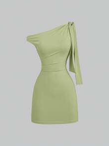 Sweetra فستان ضيق مثير بكتف مائل وكشكشة، مع تقليص الخصر، تنورة ضيقة فرنسية أنيقة قصيرة