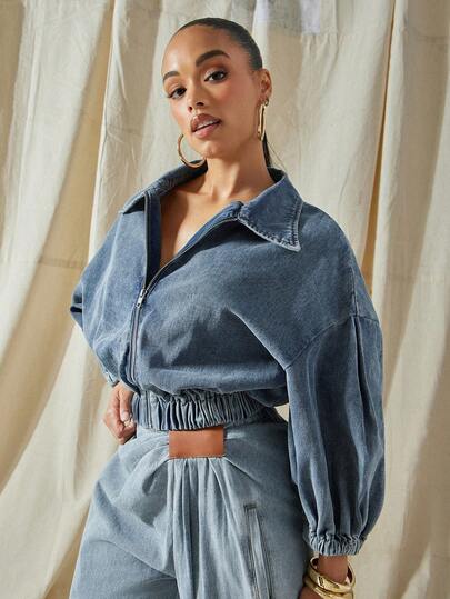 Vixey Women's Turndown Collar Zipper Front Fashionable Versatile Casual/Work Long Sleeve Denim Jacket