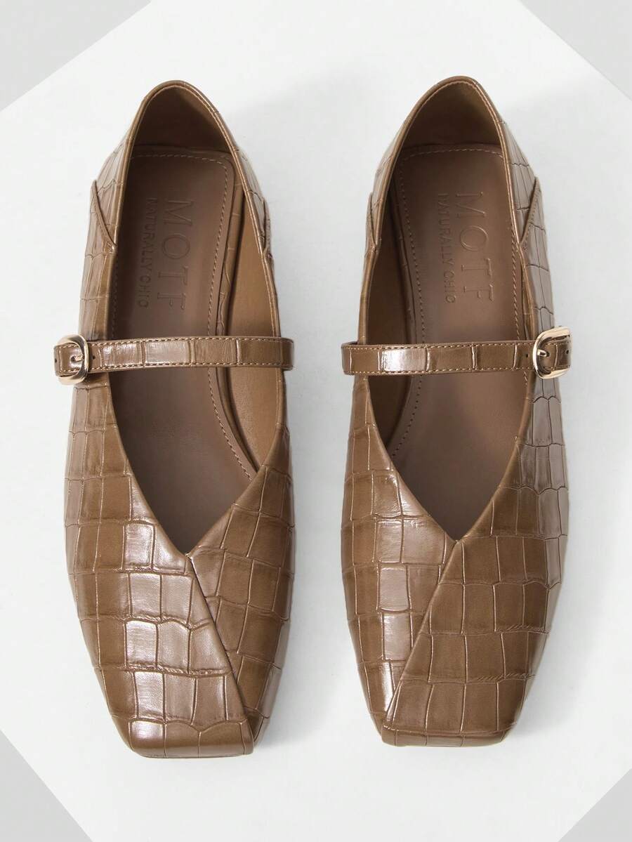 MOTF 女士方头PU皮革鳄鱼纹平底鞋 - 紫紅色 - 查看 1