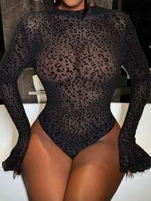 Slaydiva Bodysuit Jala Hitam Wanita, Motif Leopard Transparan Lengan Panjang dengan Manset Berkerut, Tanpa Punggung, Lapisan Dasar Ramping untuk Musim Panas, Klub Malam, dan Pesta Kolam Renang - Hitam - View 4