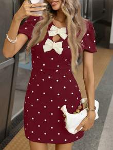 Siren Gaze 女士复古优雅波点印花仿珍珠蝴蝶结装饰泡泡袖修身迷你连衣裙，夏季 - 酒紅色 - 查看 4