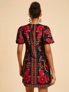 Travachic 女士休闲碎花泡泡袖短连衣裙，浪漫度假风，夏季 - 黑色 - 查看 3