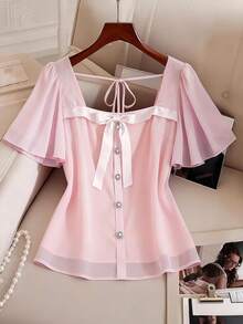 GlowEve CURVE 大码女式雪纺纯色衬衫，带蝴蝶结领和短袖 - 粉色 - 查看 1