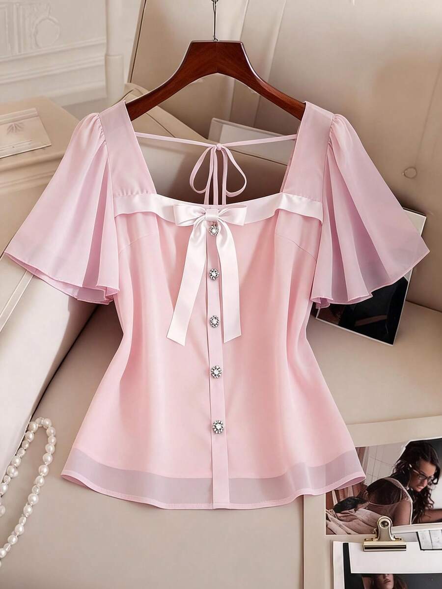 GlowEve CURVE 大码女式雪纺纯色衬衫，带蝴蝶结领和短袖 - 粉色 - 查看 1