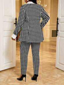 Fleurora Spring And Summer Autumn And Winter Elegant Commuting Office Black And White Houndstooth Knitted Lapel Button Long Long Sleeve Plus Size Suit Winter Clothes For Women Winter Dress Women's Winter Dress Winter Dress Women Winter Outfit For Women Elegant Women's Set Women's Formal Wear Plus Size Women's Elegant Houndstooth Suit Set - Black and White - View 2