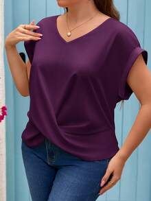 SHEIN Frenchy Plus Size Women's Twist Knot Hem Batwing Short Sleeve V Neck Green Shirt Twist Front Top Dark Purple Top Plus Size Women Tops - Purple - View 3