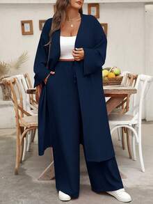 EMERY ROSE Elegant Plus Size Navy Blue Woven Fabric Two Piece Set Long Sleeve Drop Shoulder Top And Pants Fall - Navy Blue - View 4
