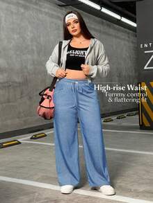 Flexra Celana Jeans Kasual Ukuran Besar Warna Polos dengan Pinggang Elastis Berpilin - Light Wash - View 6