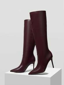 MOTF Botas altas de tacón fino y puntera puntiaguda de piel de poliuretano versátiles y elegantes para uso diario para mujeres - Burdeos - Ver 9