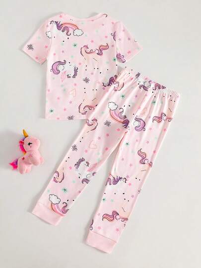 Dozy Joy 卡通独角兽和星星印花针织圆领短袖上衣和裤子两件套休闲舒适家居服套装，夏季