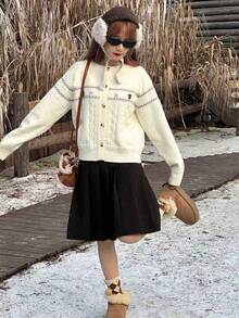 DAZY 少女休闲纽扣毛衣 - 米色 - 查看 5