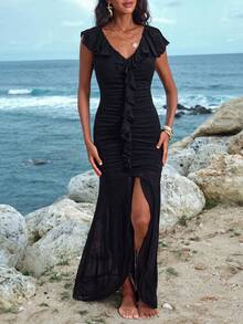 Opulessa Urlaubs-Einfarbiges gestricktes Mesh-Rückenfreies V-Ausschnitt-Kleid für Frauen - Schwarz - Übersicht 2