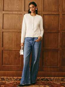 Poéselle Áo len cardigan dệt kim dài tay màu trơn dành cho nữ, Thu/Đông - Màu be - Xem 2