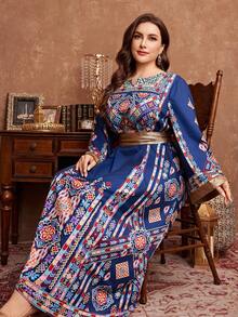 Al Najma Women's Vacation Style Floral Retro Print Long Sleeve Cinched Waist Plus Size Arabic Maxi Dress Kaftan Jalabiya Dress