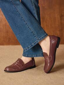 MOTF PREMIUM ZAPATOS DE MUJER MOCASINES DE PUNTA REDONDA DE CUERO PU - Marrón - Ver 5