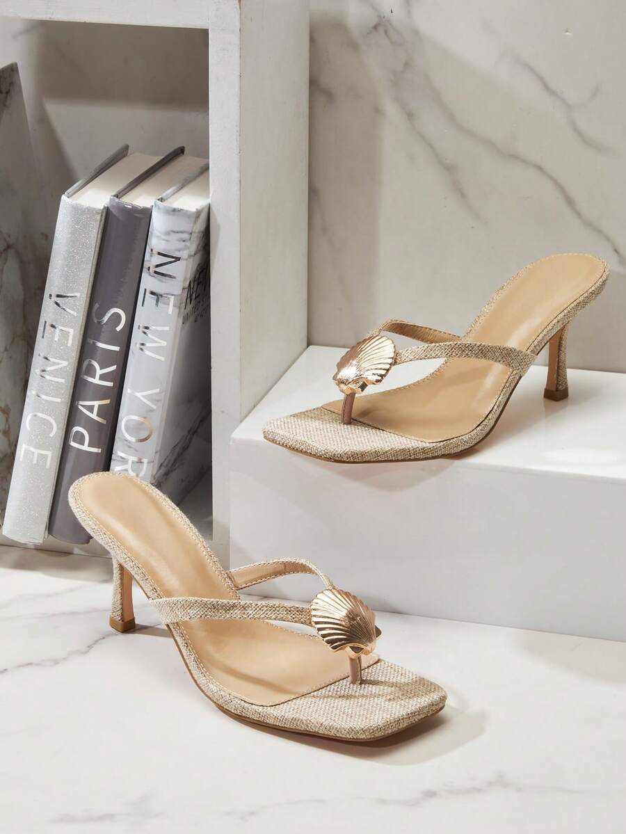 SHUZIA 女士极简贝壳装饰方头高跟人字拖凉鞋 - 米色 - 查看 1