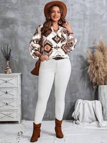 EMERY ROSE Plus Size All-Over Print Notch Collar Casual Rolled Sleeve Shirt - Multicolor - View 4
