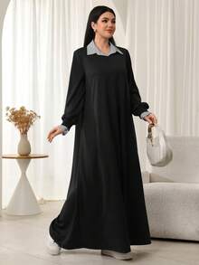 Mulvari 女士条纹衬衫领长袖喇叭下摆连衣裙 - 黑色 - 查看 7