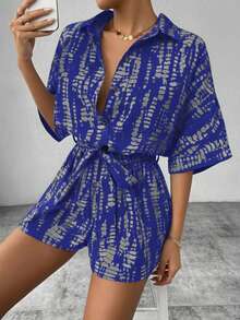Chiquease Printed Batwing Sleeve Tie Collar Jumpsuit For Women - Multicolor - View 4