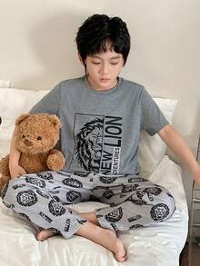 两件套儿童/青少年男童休闲舒适印花圆领短袖睡衣套装 - 上衣和裤子 - 彩色 - 查看 5