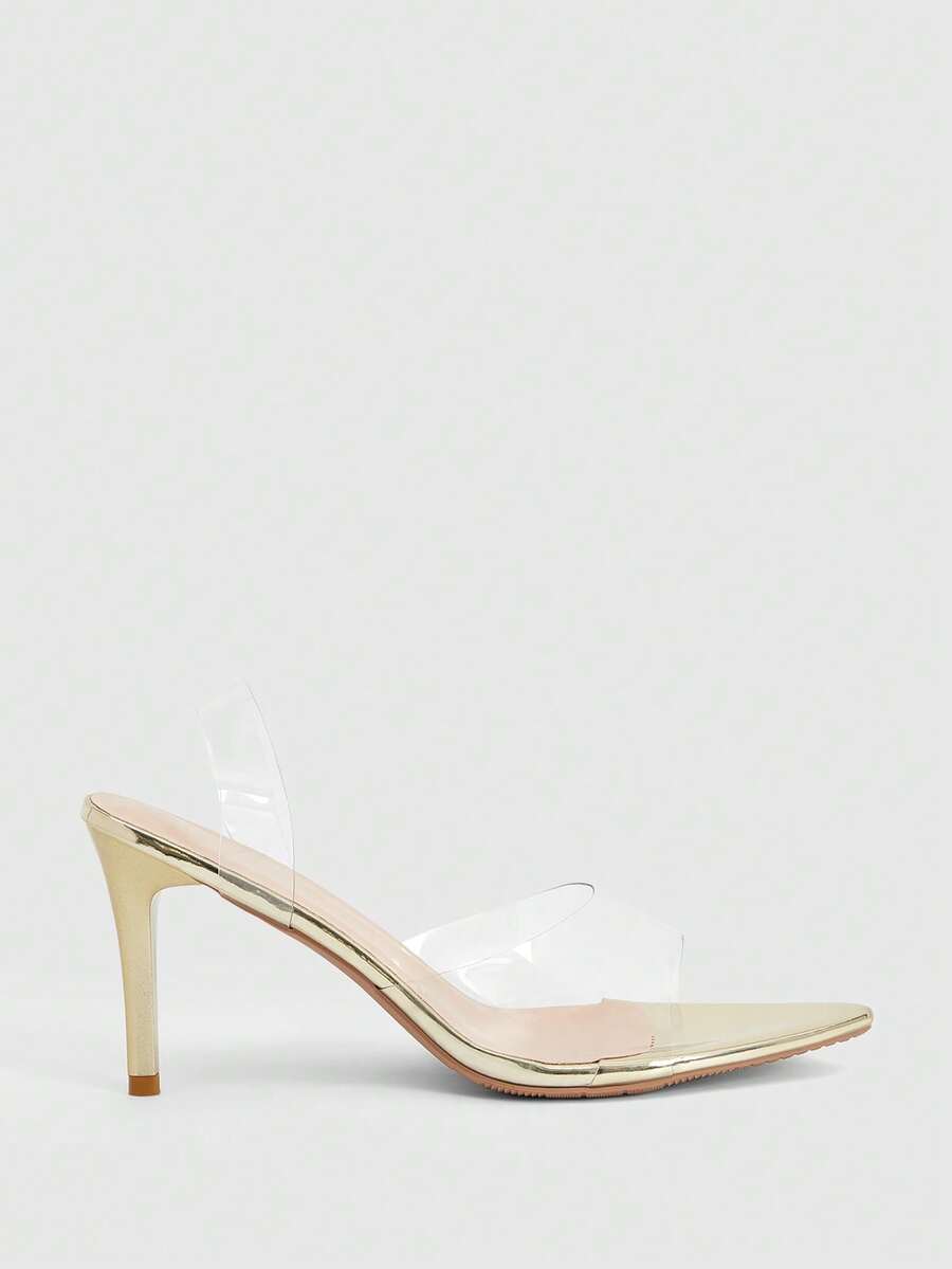 SHEIN BAE Women's Fashion High Heel Sandals, Transparent Crystal Heel Fairy Style High Heels, Women's Pointed Toe Transparent Strap Sandals, Sexy Minimalist Transparent High Heels, Fashionable High Heels For Parties And Nightclubs - Gold - View 1