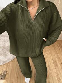 SHEIN EZwear Bộ đồ thường ngày cho nữ, áo len dài tay trễ vai màu trơn có khóa kéo nửa và quần dệt kim, thu/đông - Màu xanh Ô liu - Xem 6