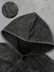 Manfinity Roghcode 男士休闲字母图案连帽卫衣，秋冬连帽外套，男士街头风拉链字母夹克，男士拉链外套，男士街头风拉链外套 - 黑色 - 查看 5