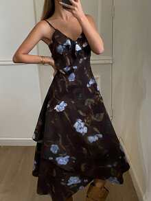 DAZY Váy bodycon họa tiết hoa nhún bèo viền bất đối xứng, trang phục dự tiệc thanh lịch dành cho nữ - màu nâu - Xem 3