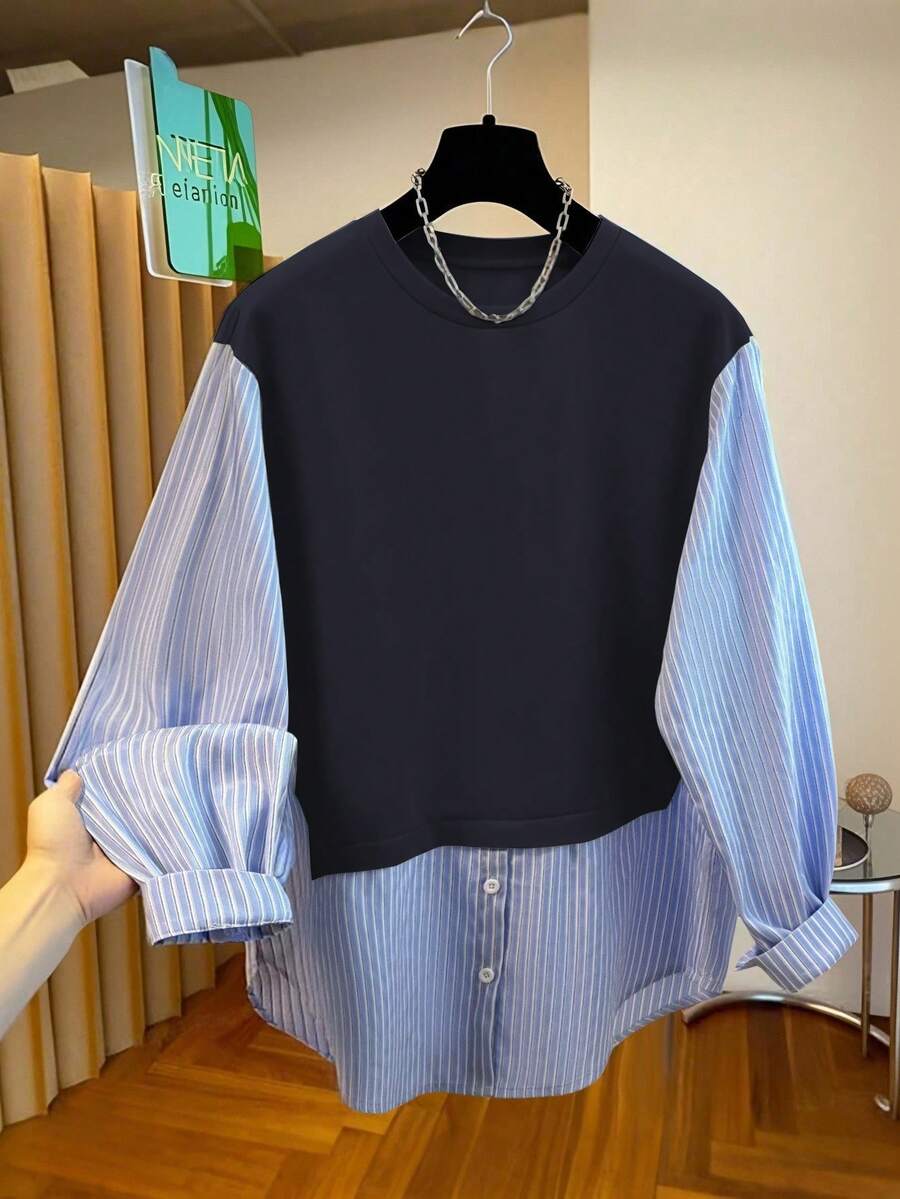 Resyla Women's Striped Print Patchwork Crew Neck Long Sleeve Sweatshirt, Autumn - Navy Blue - View 1