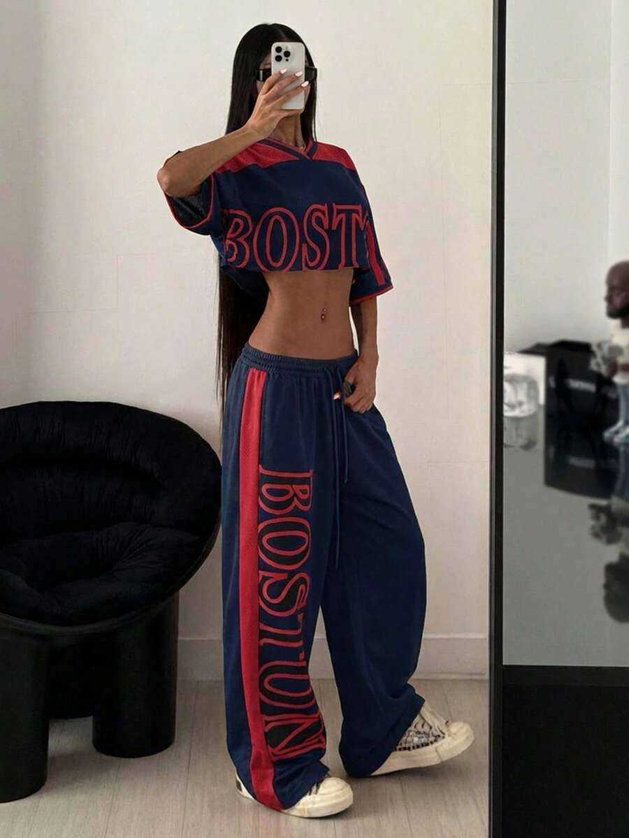 StreetHx 2 st/set kvinnor tryckt kontrastfärgad croppad topp + mjukisbyxor - Multifärgad - Visa 1