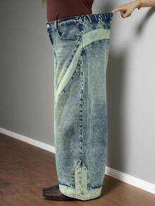 Truni Damen Große Größen Lässig Loose Weite Bein Knopf Taschen Jeans/2026/Neujahr - Blau - Übersicht 4