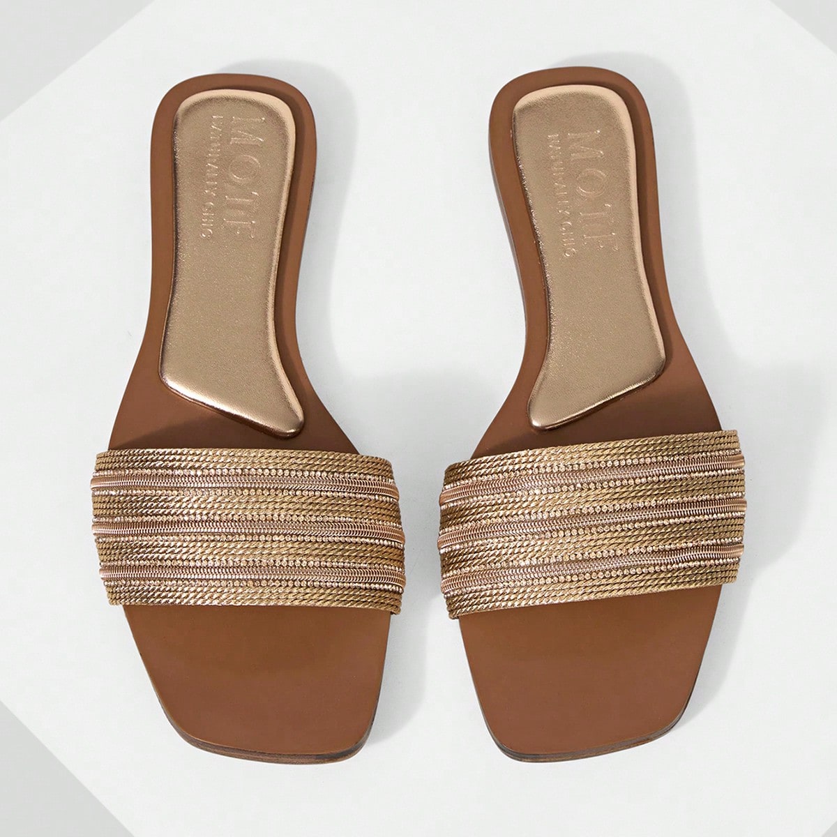 Sandalias planas de tacón abierto, tejidas, de moda casual y para viajes, para damas, color champán