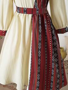 SHEIN Young Girl Dress, Apricot White Base With Red And Black Contrast Traditional Pattern, Geometric Diamond And Stripe Interwoven - Multicolor - View 3