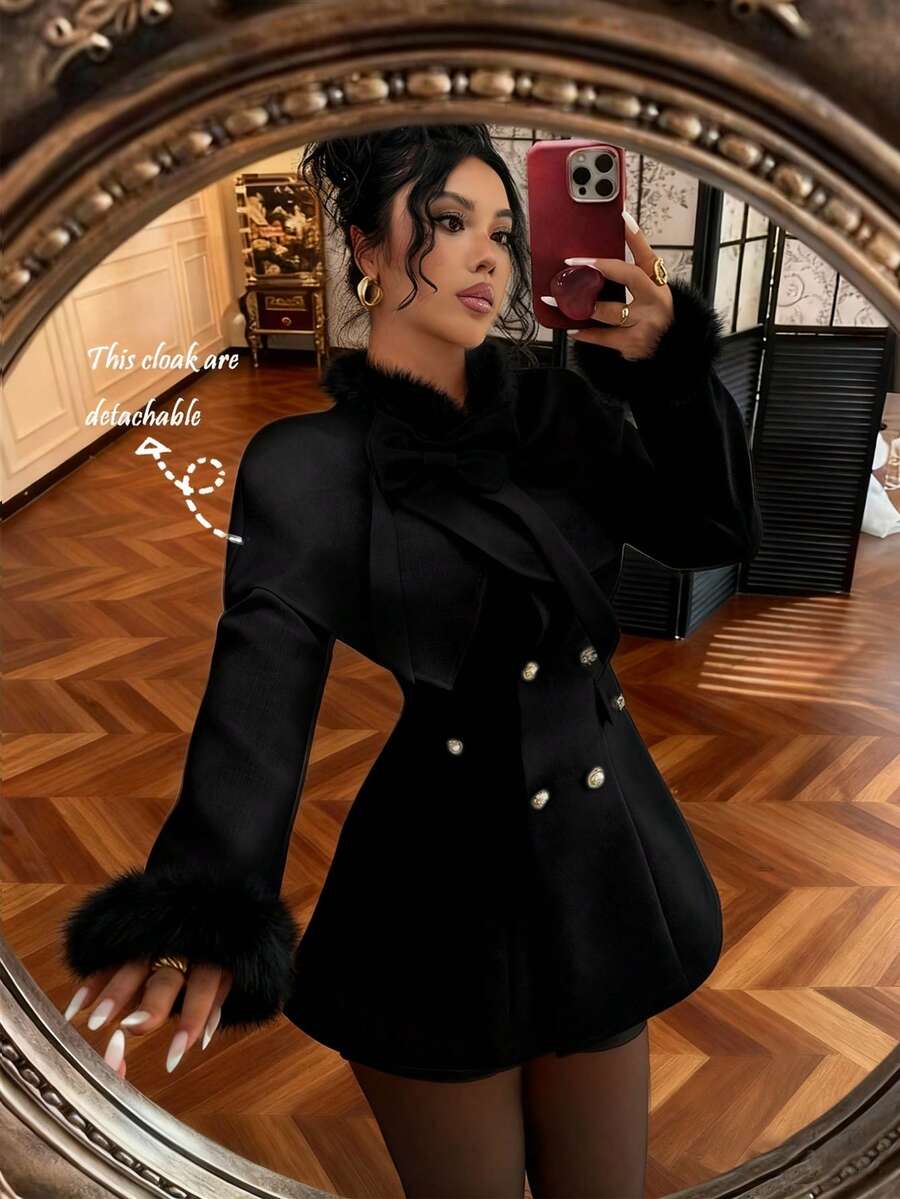 SHEIN Elenzya Elegant Women's Casual Commuter Jacket, Apricot Faux Fur Collar Long Sleeve A-Line Design With Double-Breasted Butterfly Pocket Flap, Suitable For Business Meetings, Weddings, Galas, Commuting, Graduations, Holidays, Dates, Parties - Black - View 1