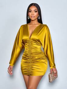 SOLERSUN Women's Fashion Elegant Party Solid Color Sexy Deep V-Neck Ruched Gathered Waist Fitted Mini Dress Satin Women Outfit For Commuting And Casual Dating,Christmas Sexy & Romantic Fall Women Clothes Winter Women Clothes Glossy Fabrics - Mustard Yellow - View 5
