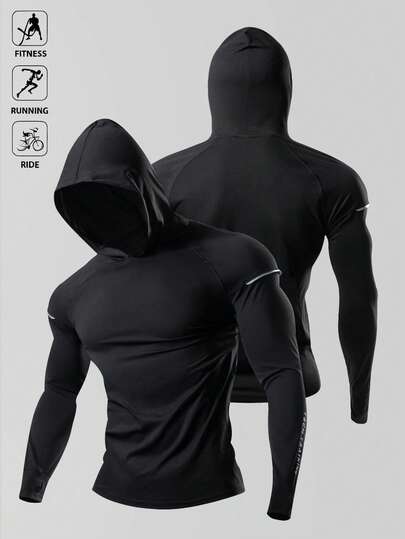 Manfinity Sport Polished Boyfriend Style Men Letter Graphic Raglan Sleeve Hooded Sports Sweatshirt Boyfriend Style Men Sweatshirt Casual Plain Long Sleeve Reflective Jogger Gym Jacket, Gym Long Sleeve Tops Workout Tops Fall Breathable