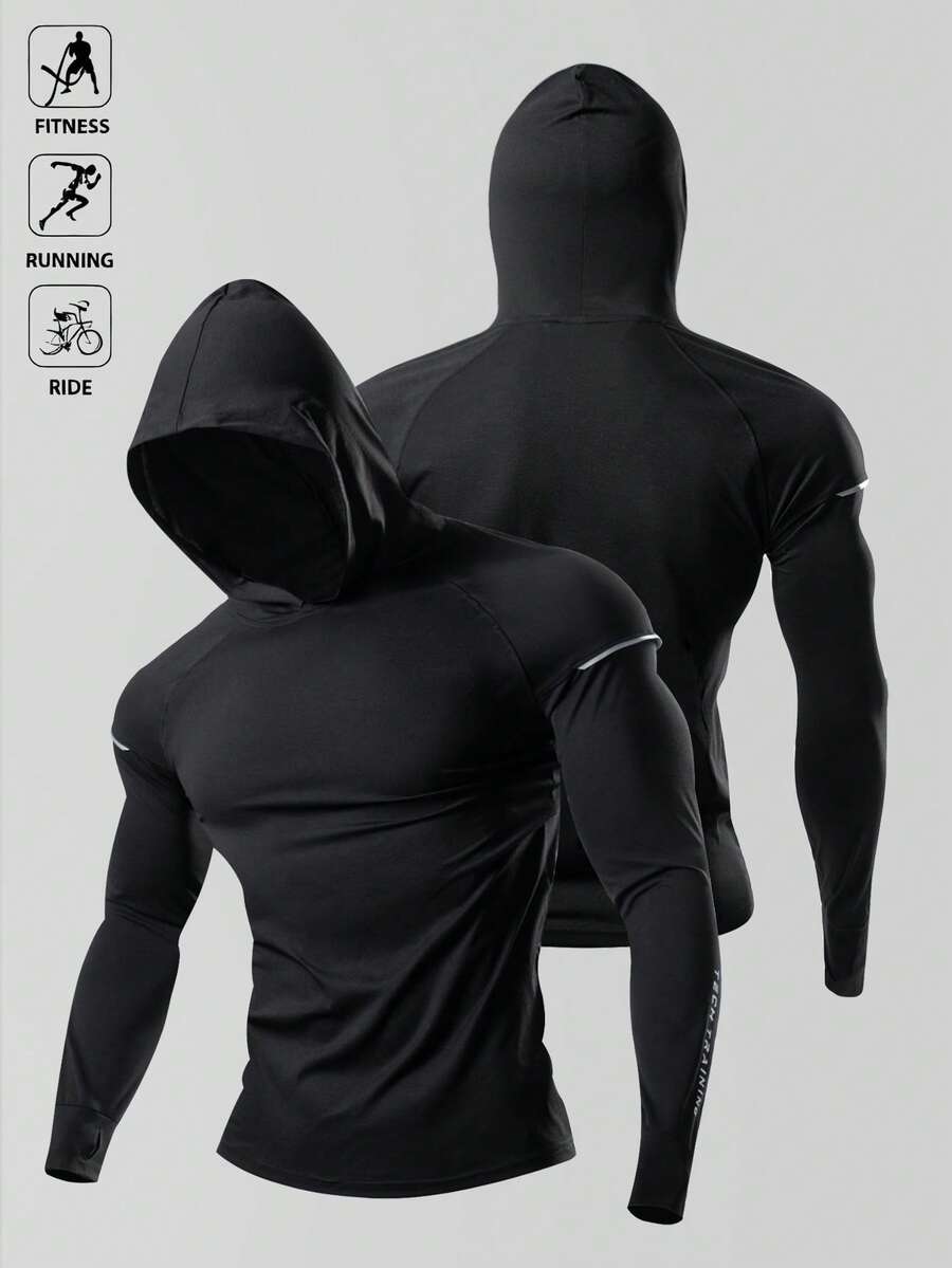 Acti Log Sudadera con capucha de estilo novio para hombres con gráfico de letras y mangas raglán, Sudadera de estilo novio para hombres, casual, de manga larga, reflectante, chaqueta de chándal para gimnasio, Tops de manga larga para gimnasio, tops de entrenamiento, transpirables de otoño - Negro - Ver 1
